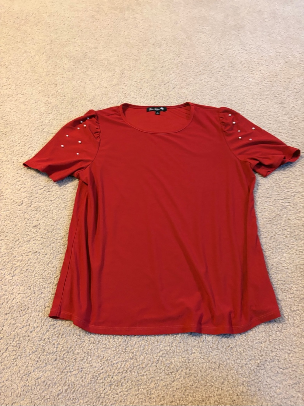 Women’s Red Short Sleeve Tee with Shoulder Pearl Studs